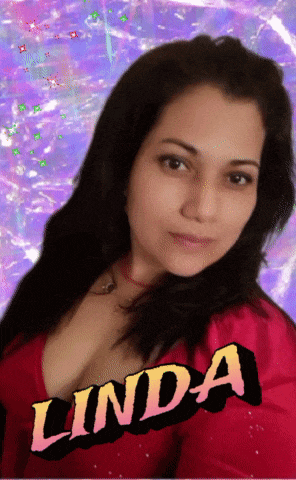 a woman in a red top with the name linda on the bottom