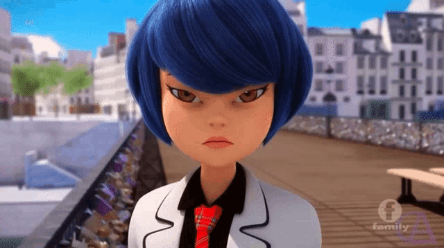 a cartoon girl with blue hair is wearing a white suit and red tie .