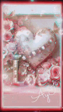 a picture of a heart surrounded by flowers and a letter i