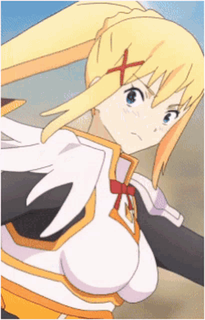 a blonde anime girl with blue eyes and a red x on her chest