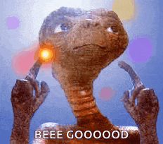 a close up of a dinosaur with a light coming out of its ear and the words `` beee goooood '' .