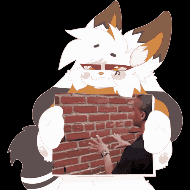 a cartoon of a cat holding a picture of a brick wall