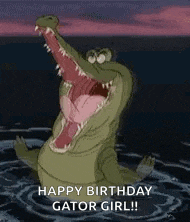 a cartoon crocodile is jumping out of the water with its mouth open and says `` happy birthday gator girl ! ''