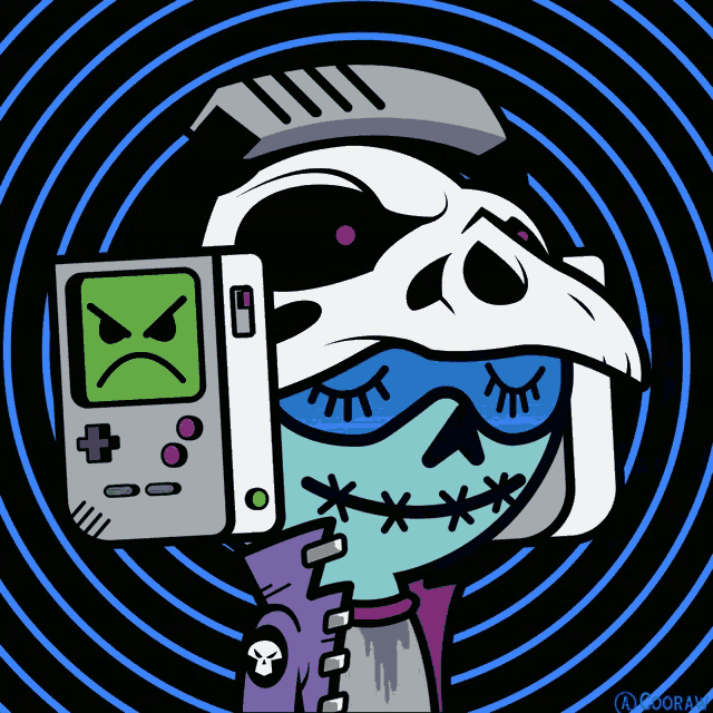 a cartoon of a skull holding a game boy with a sad face on it