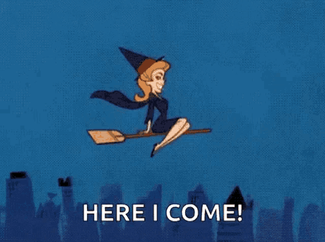 a cartoon witch is flying on a broomstick in the sky .