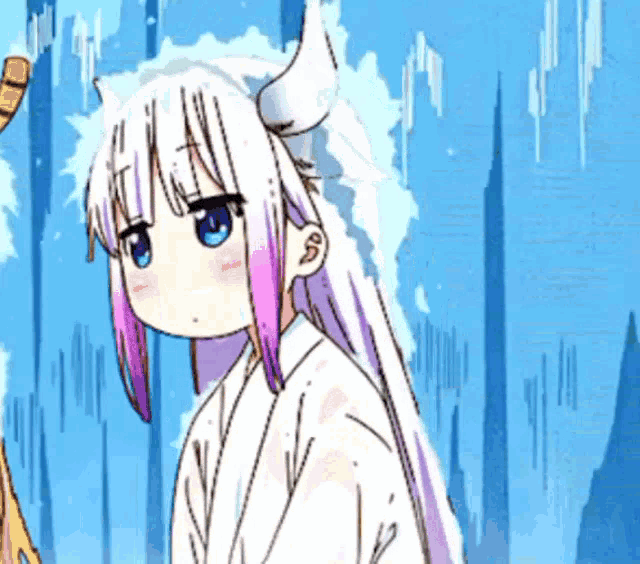 a cartoon girl with long white hair and horns is standing in front of a blue background .