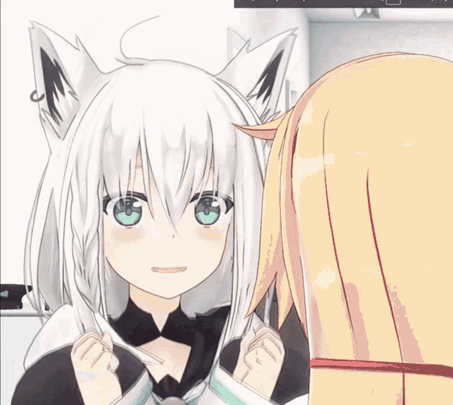 a girl with white hair and green eyes stands next to another girl with blonde hair