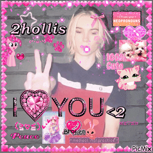 a girl with a pacifier in her mouth giving a peace sign and the words i love you < 2