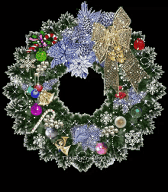a christmas wreath with blue flowers and a gold bow on a black background