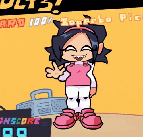 a cartoon girl is standing in front of a boombox and a sign that says ghscore