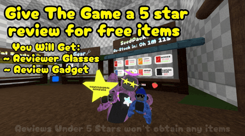 a screenshot of a game that says " give the game a 5 star review for free items "