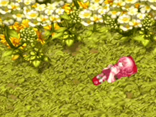 a girl in a pink dress is laying in the grass surrounded by flowers