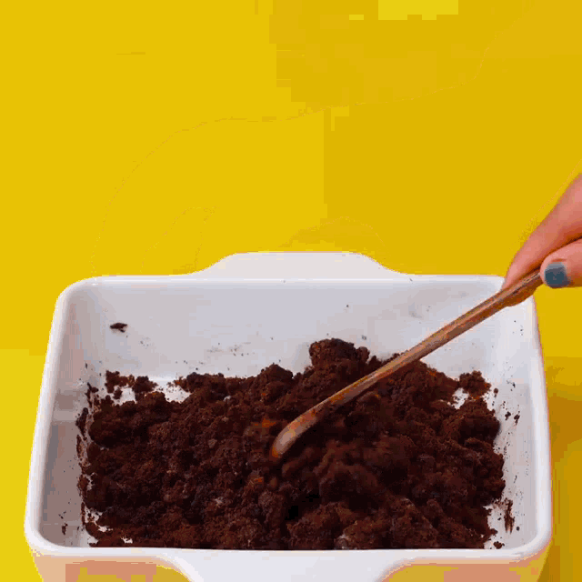 a person is mixing a brown substance with a wooden spoon .
