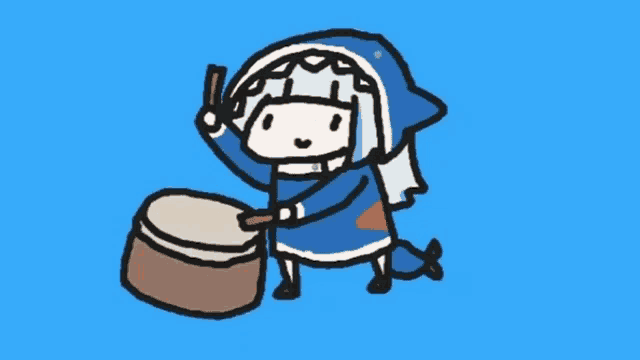 a cartoon drawing of a girl playing a drum on a blue background