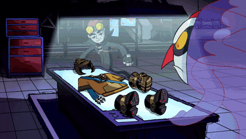 a cartoon drawing of a man standing next to a table with a robot laying on it