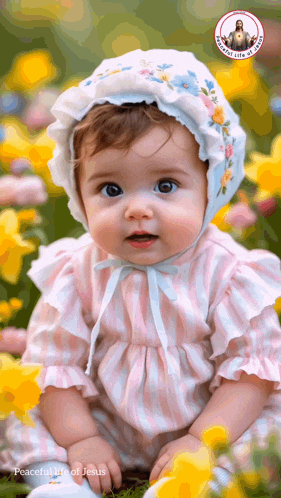 a baby wearing a hat with the words peaceful life of jesus