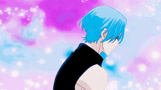 a man with blue hair is standing in front of a pink background .