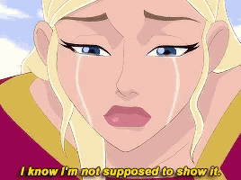 a cartoon woman is crying and saying i know i 'm not supposed to show it