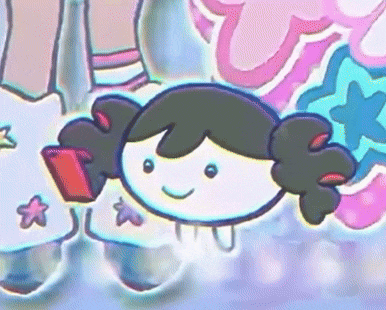 a cartoon drawing of a girl with pigtails holding a cell phone