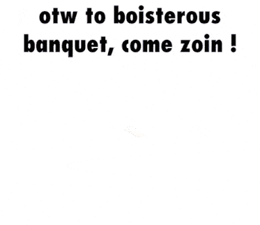 a red hot air balloon with the words " otw to boisterous banquet come zoin " on the bottom