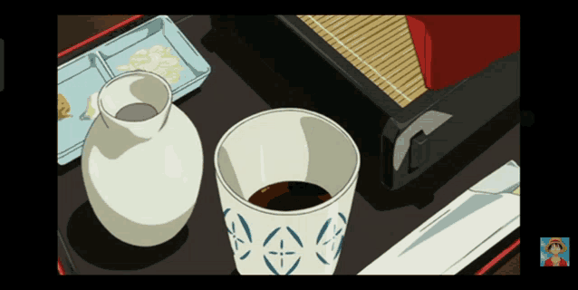 a cartoon drawing of a table with a cup and a pitcher