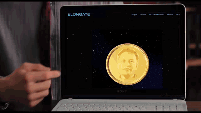 a person holding a sony laptop open to a page that says elongate