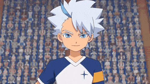 a boy with white hair and blue eyes is wearing a shirt with a cross on it