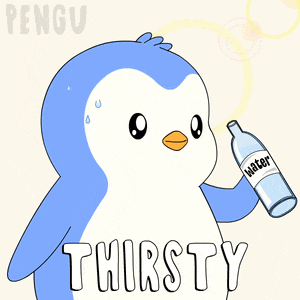 a cartoon of a penguin holding a bottle of water with the words thirsty below it