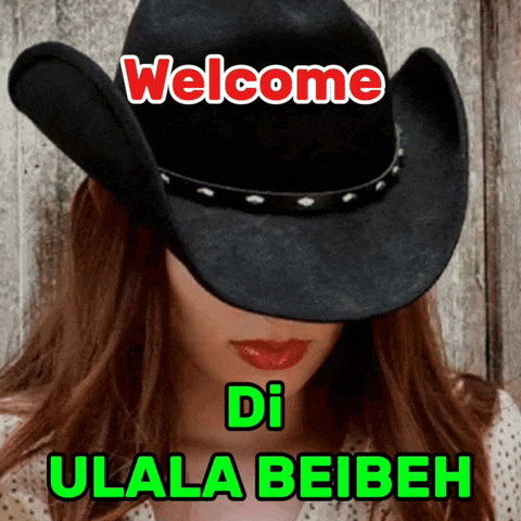 a woman wearing a black cowboy hat with the words welcome di ulala beibeh above her