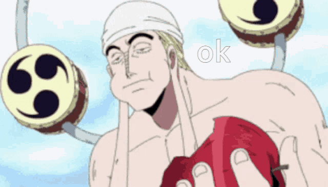 a man with a bandage on his head is holding a red apple and the word ok is above him