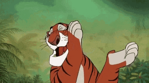 a cartoon tiger is laying down in the jungle with its mouth open .