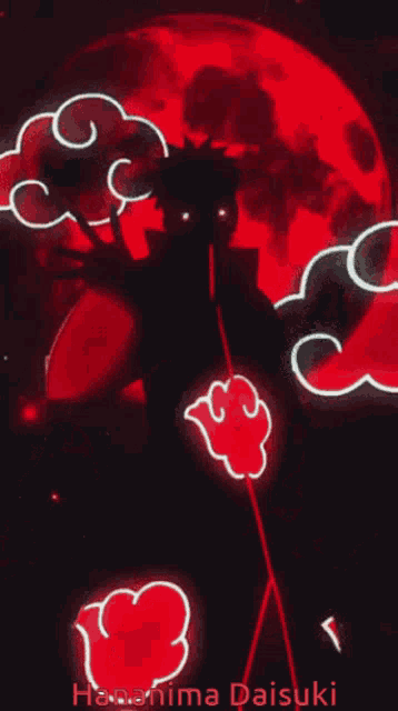 a silhouette of a person in front of a red moon with the name hanajima daisuki