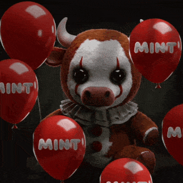 a stuffed cow is surrounded by red balloons with the word mint on them