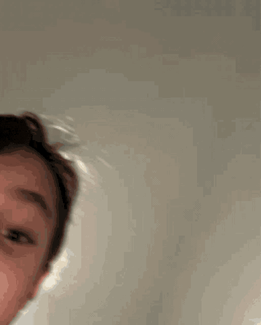 a close up of a young boy 's face with a slight smile on his face