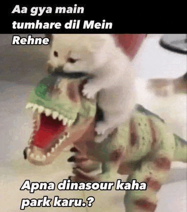 a puppy is riding on the back of a dinosaur toy .