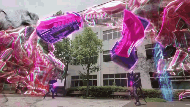 a purple and pink object is flying in the air