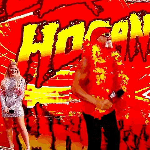 a man in a red costume is standing next to a woman in a silver dress in front of a yellow and red background .