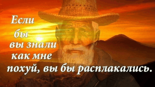 a man with a beard wearing a straw hat with the words " если бы вы знали как мне похуй "