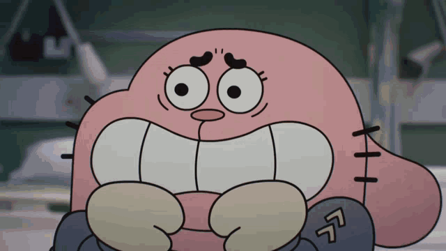 a close up of a cartoon character with a arrow pointing up