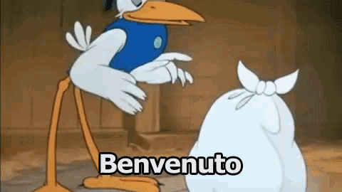 a cartoon duck standing next to a bag that says benvenuto