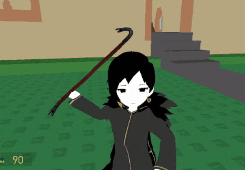 a cartoon character is holding a cane with the number 90 on the bottom right