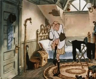 a cartoon of a man standing in a room with a rug