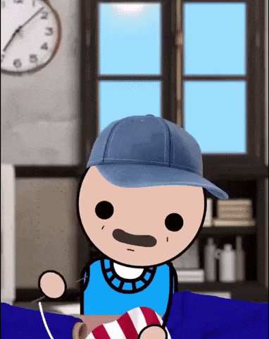 a cartoon character wearing a blue hat is holding a red white and blue striped object