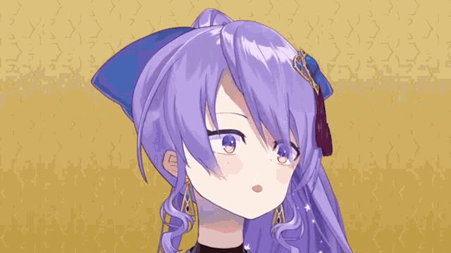 a girl with long purple hair has a blue ribbon in her hair