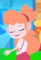 a cartoon girl with orange hair and red eyes is making a surprised face
