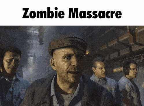 a group of men are standing next to each other with the words zombie massacre written above them