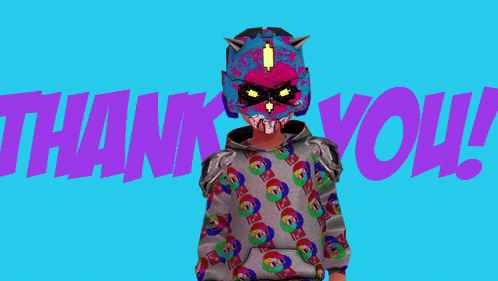 a person wearing a helmet and a sweatshirt says thank you