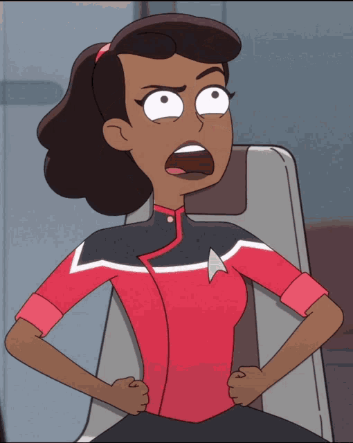 a cartoon of a woman with her hands on her hips making a surprised face