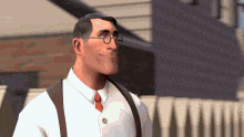 a cartoon character wearing glasses and suspenders stands in front of a building .