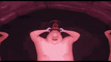 a group of cartoon characters are dancing with their hands in the air .